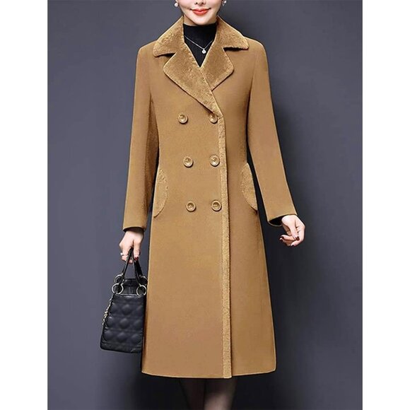 Women's Fur Collar Wool Coats Double Breasted Long Peacoat Jackets Camel - Picture 2 of 4